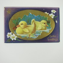Easter Postcard Yellow Chicks in Pond Water White Flowers Gold Star Antique 1911 - £9.40 GBP