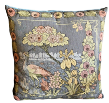 Tapestry Throw Pillow Peacock Bird Blue Cottage Core Romantic Regency 18x18&quot; Vtg - £44.08 GBP