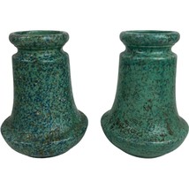Pair Czechoslovakia Green Pottery Vases Vintage 7658 Speckled Glaze 6-1/2&quot; - $46.75