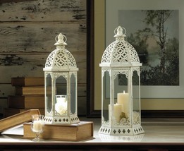 2 GRACEFUL DISTRESSED White Candle Lanterns 1 Small 1 Large Shabby Chic - $83.21