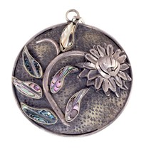 Vintage Mexico AE Black Mother of Pear Flower Pendant Set in Sterling Silver - £137.25 GBP