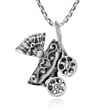 Intricately Beautiful Baby Carriage Sterling Silver Pendant Charm Necklace - $22.17