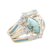 Multilayer Turquoise Rings With Delicate Moissanite Silver Tone 3 Piece New Set - £11.99 GBP