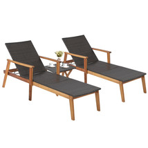 3Pcs Patio Rattan Lounge Chair Chaise Set Wooden Frame Folding Table - £382.42 GBP