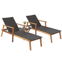 3Pcs Patio Rattan Lounge Chair Chaise Set Wooden Frame Folding Table - £386.80 GBP