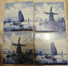 Tiles Ceramic Blue Delft Nautical DUTCH/GERMAN Vintage 4 Pcs. Windmill Sailboat - £45.42 GBP