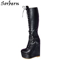 Comfortable Wedge Knee High Boots Women Thick Platform Lace Up Unisex Size Up To - £175.64 GBP