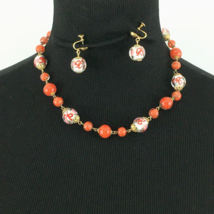 LAMPWORK vtg glass bead necklace &amp; screwback earrings - orange silver fo... - £27.33 GBP