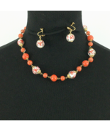 LAMPWORK vtg glass bead necklace &amp; screwback earrings - orange silver fo... - £27.33 GBP