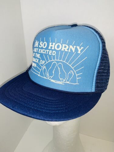 Primary image for Vtg Mesh Trucker Cap I’m So Horny I Get Excited At The Crack Of Dawn Blue Puffy