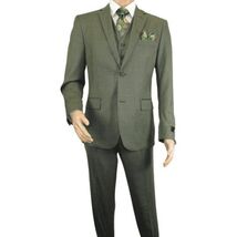 Men's VITALI Three Piece Suit Vested Sharkskin Sheen Vented M3090 Olive Green image 2