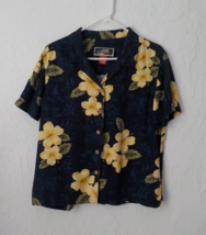 Vintage La Cabana Button Up Blue Yellow Floral Shirt Blouse Large Short Sleeve - £11.84 GBP