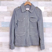 LOFT Railroad Stripe Denim City Jacket Blue White Pockets Zip Snaps Wome... - £26.70 GBP