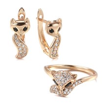 Hot Cute Fox Earrings Ring Sets for Women Fashion 585 Rose Gold Black Natural Zi - £11.42 GBP
