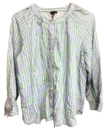 Ann Taylor MP Blue Green Vertical Stripe Long Sleeve Shirt Top Blouse - $13.64 CAD
