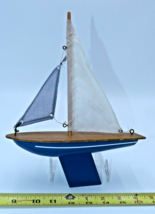 Wooden sailboat model  10.5” Blue White Sails display or sail it away! - $539.37 MXN