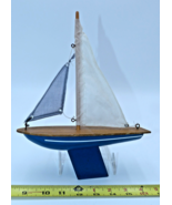 Wooden sailboat model  10.5” Blue White Sails display or sail it away! - $37.91 CAD