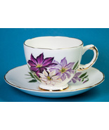 Delphine Cup &amp; Saucer Burgundy Clematis Flowers Bone China England - £5.87 GBP