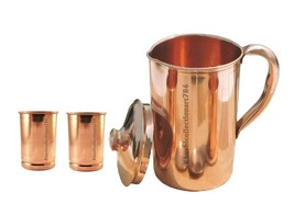 Handmade Copper Water Jug Pitchers Pot 2 Smooth Drinking Glass Health Benefits - £27.66 GBP