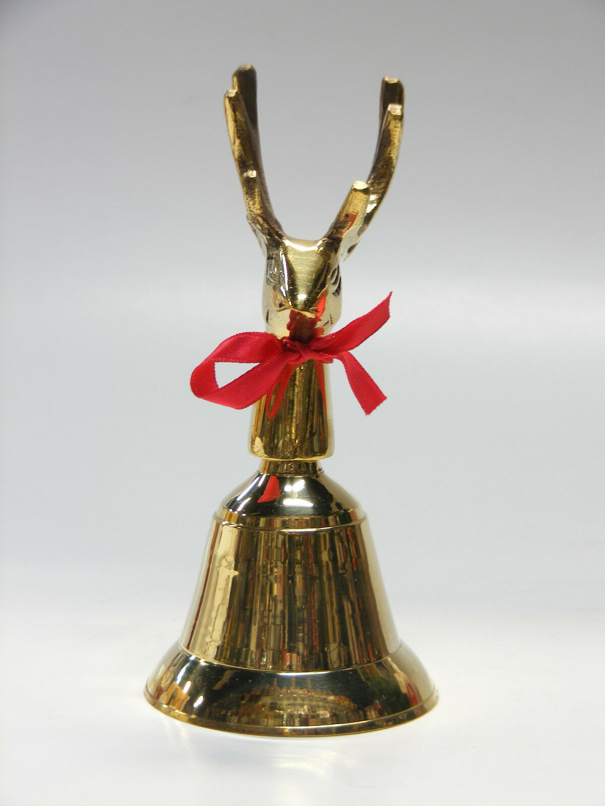Primary image for POLISHED SOLID BRASS REINDEER HEAD CHRISTMAS HAND BELL DINNER BELL w/ RED BOW