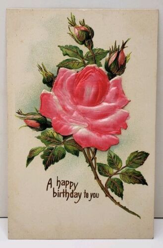 Primary image for Happy Birthday Embossed Silk Rose Bronze Accents Vintage Germany Postcard E6 