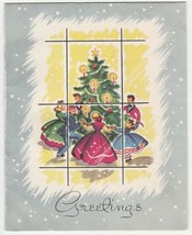 Vintage Christmas Card Old Fashioned People Dance Around Tree 1950&#39;s - $9.89