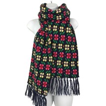 Designer Floral Reversible Winter Scarf Blue Red Green Knit Fringed Long 100&quot; - £28.10 GBP