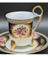 Porcelain Demitasse Tea Cup &amp; Saucer Yau Shing Gold Black Pink Rose - $277.29 MXN