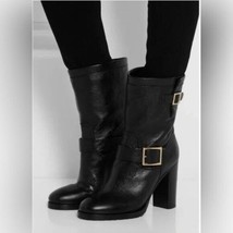 Jimmy Choo Dart Biker Buckle Black Leather Combat Boot Women Size 37.5 - $373.99