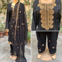 Pakistani Black  Straight Shirt 3-PCS Lawn Suit w/ Threadwork ,X-Large - £63.00 GBP