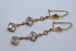 Vintage 18K Yellow Gold Clear Stone Double Square CZ Dangle Earrings 2&quot; Drop - £220.20 GBP