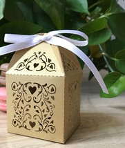 100x Pearl Begie Gold Wedding Favour Boxes • Lace Love Heart Wedding Gift Boxes  - £27.17 GBP+