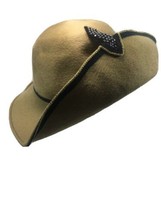 LESLIE JAMES Womens Hat 1950’s Vintage Soft Genuine Tan Gold Trim Rhinestones - £52.50 GBP