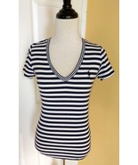 RALPH LAUREN Navy Blue/White Stripe V-Neck Cotton Blend Short Sleeve Kni... - $19.50