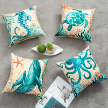 Ocean Theme Pillow Covers 18X18In 4-Pack, Beach Coastal Decor Outdoor Cushions S - £21.37 GBP