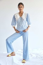 New Anthropologie Plenty by Tracy Reese Embroidered Plaid Blouse $138 LARGE Blue - £47.16 GBP