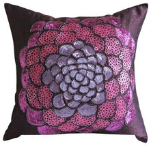 Purple Sequins &amp; Beaded Flower 16&quot;x16&quot; Silk Pillows Cover, Pink Wildflower - £34.79 GBP+