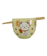 Maneki Neko Lucky Cat Yellow Ceramic Donburi Ramen Soup Bowl With Chopst... - $25.96 CAD
