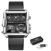 LIGE Luxury Men Quartz Digital Watch Mesh Silver Black - £40.29 GBP