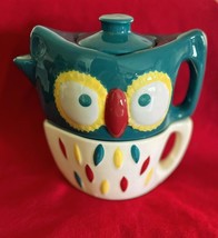 Vintage Ceramic Owl Teapot w Colorful Cup 6.5&quot; Tall - $12.86