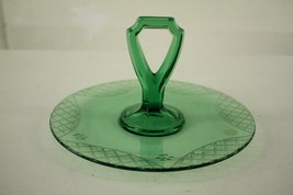 Vintage Green Depression Glass Cut Floral Lattice Round Center Handle Tr... - $29.02