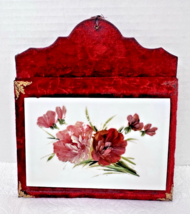 Victorian Red Velvet w Hand Painted Floral Milk Glass Wall Mail Holder - $18.32