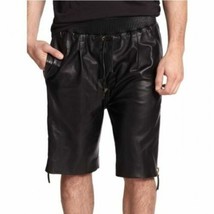 Genuine Lambskin Leather Black Men&#39;s Short Pants Sports Boxer With Side Zip - £82.71 GBP