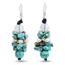 Moon Drop Turquoise Pearl  925 Silver Cluster Earrings - £11.73 GBP
