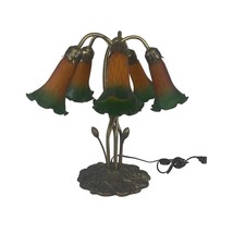 5 light Lily Pad Lamp Amber Green Globes Mahogany Brass Base Table Lamp - £99.68 GBP