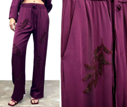 Zara Purple HIGH-WAIST Trousers With Beaded Embroidery Xs - £70.61 GBP