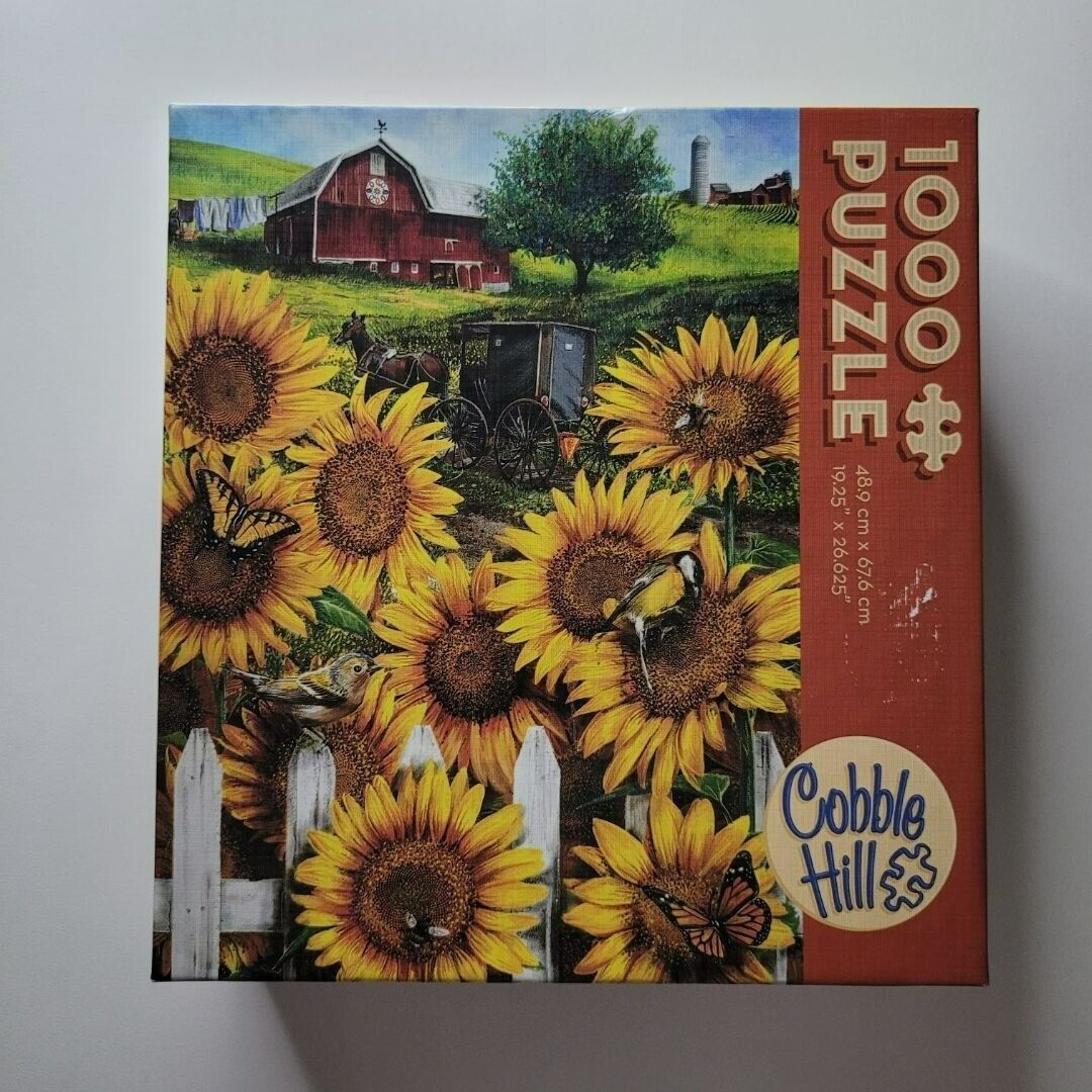 Primary image for Cobble Hill Sunflower Puzzle Country Paradise Tom Wood Bord Barn Garden Amish