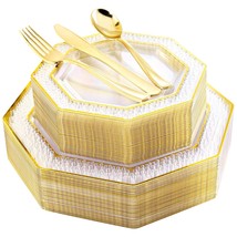 150 Pcs Gold Plastic Plates With Silverware, Clear Disposable Plastic Dinnerware - $61.99