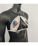 Gothic Stars and Stripes Skull Print White Vinyl Vampira Cross Top Bra - $56.00