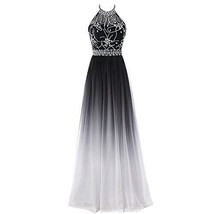 Kivary Sheer Beaded Halter Gradient Ombre Chiffon Long Prom Evening Dress Black  - £94.95 GBP